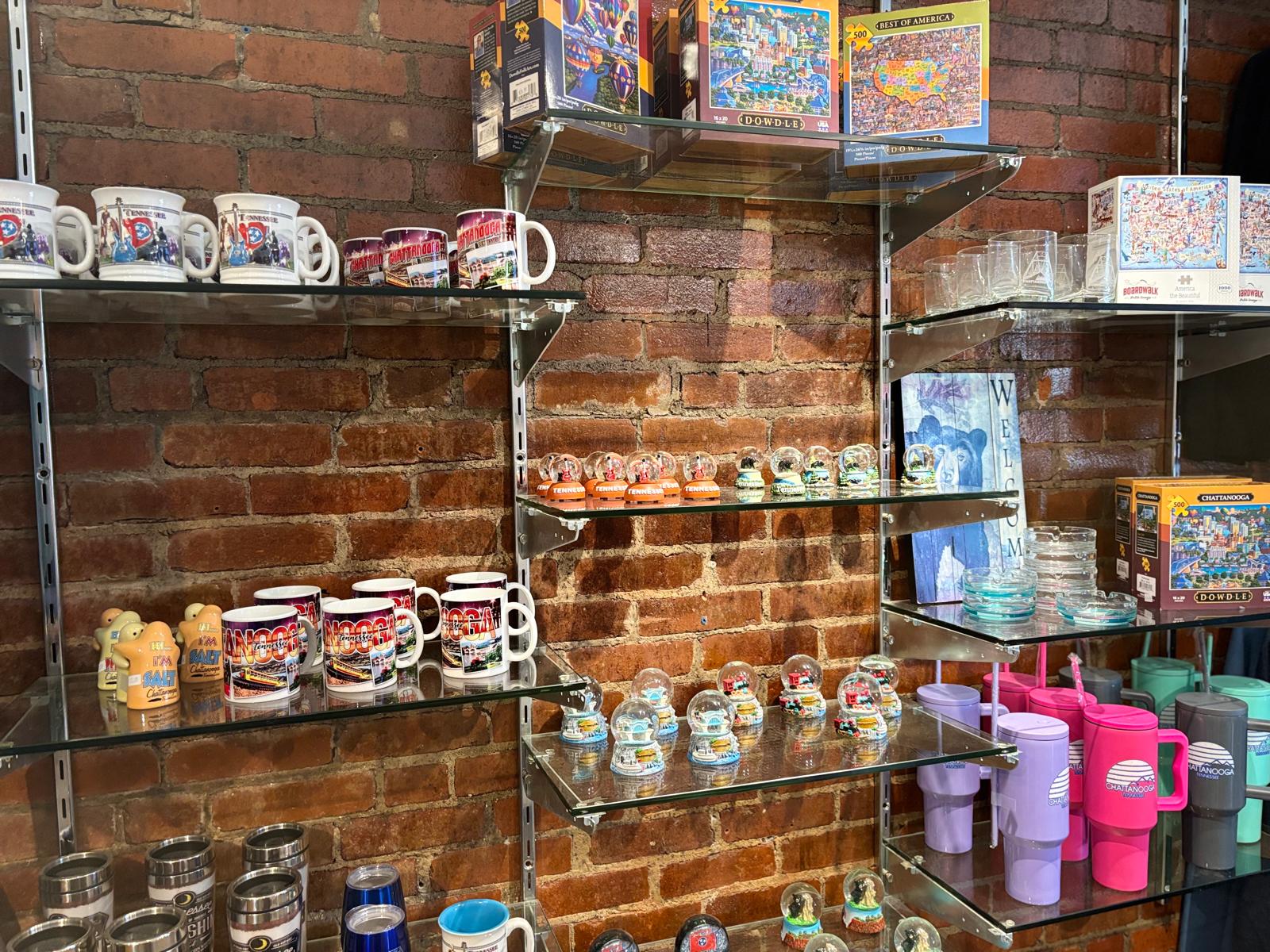 Chattanooga collectibles and drinkware shelf